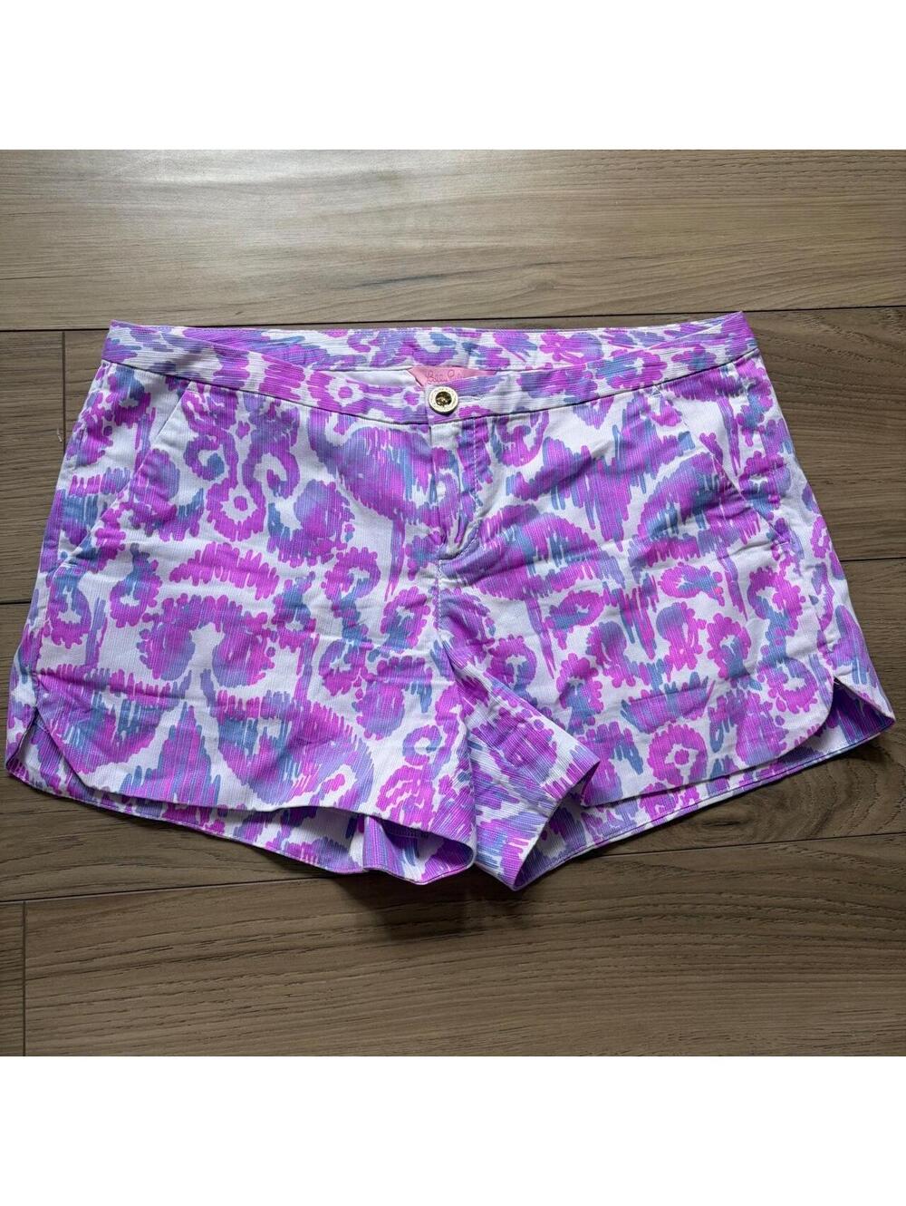 Lilly Pulitzer purple and pink abstract print mid rise shorts. 100% cotton